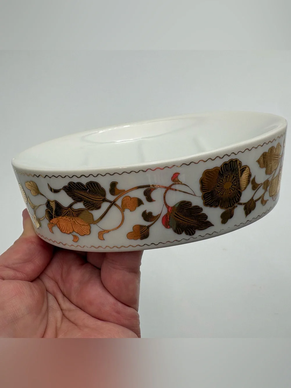 Vintage White Porcelain Soap Dish with Gold Floral Motif